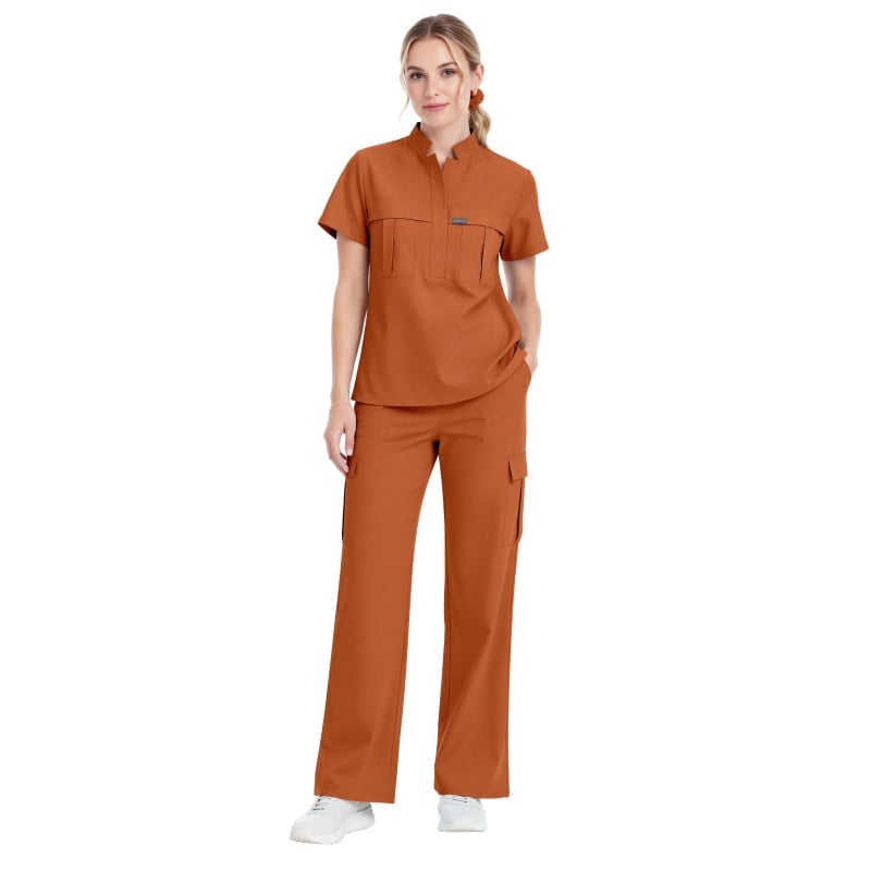 Women's Fashion Stand Collar Short Sleeve Scrub Top & Cargo Pants Set 46039