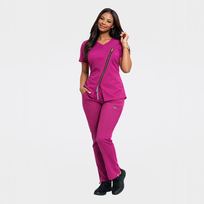 Personalized Design Slanted Placket Metal Zipper TRS Nursing Scrubs Sets 42034