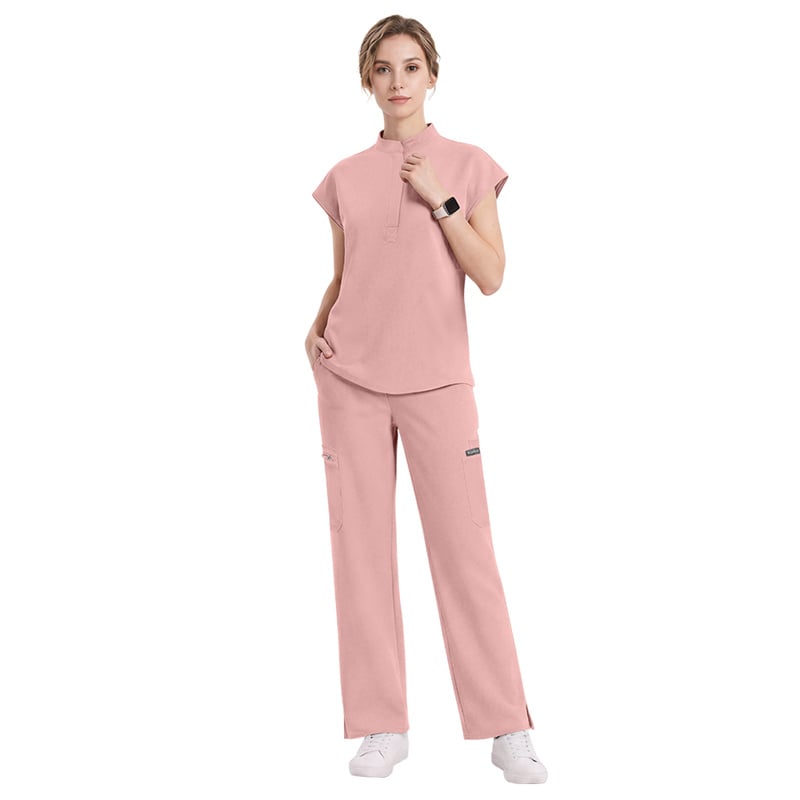 Women's Premium Medical Scrubs Set Stand Collar Short Sleeve Top & Wide Pants 42393
