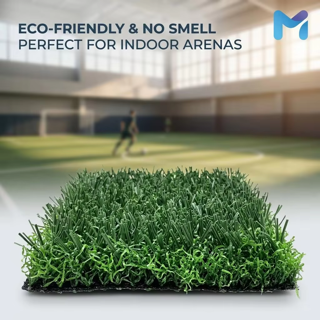 Eco-friendly, odour-free non-infill football turf sample with an indoor football arena behind it