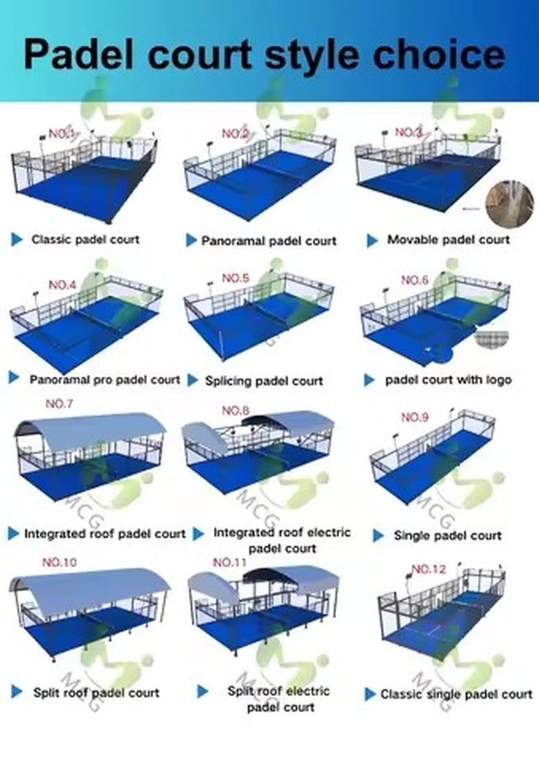 MCG PADEL catalogue page showing 12 padel court models