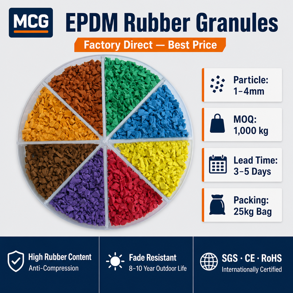 MCG Colored EPDM Rubber Granules 0.5-4mm | Shock Absorbing Sports Track Infill | Custom Color MOQ 500kg