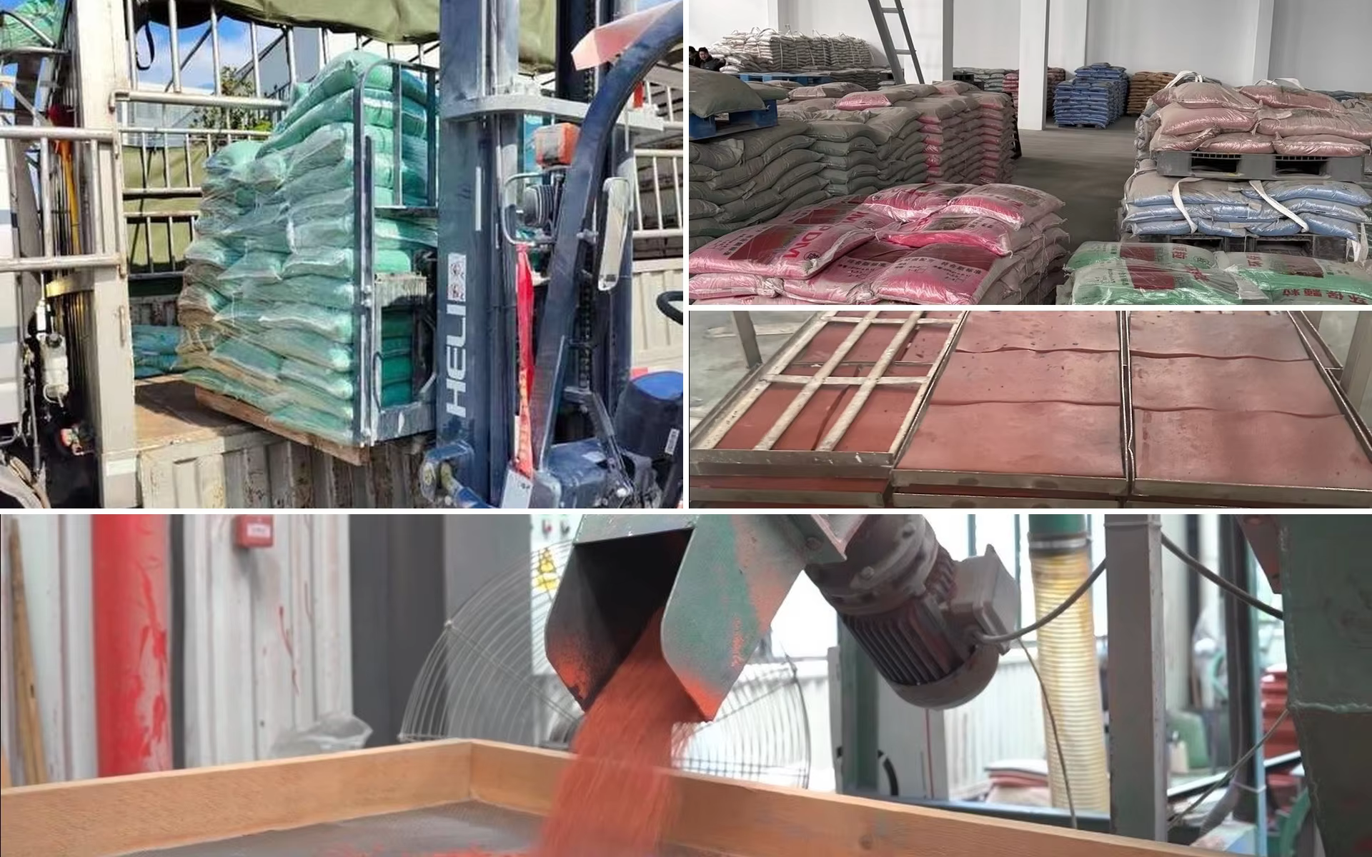 EPDM granules manufacturing process: forklift, warehouse, mold, granulator