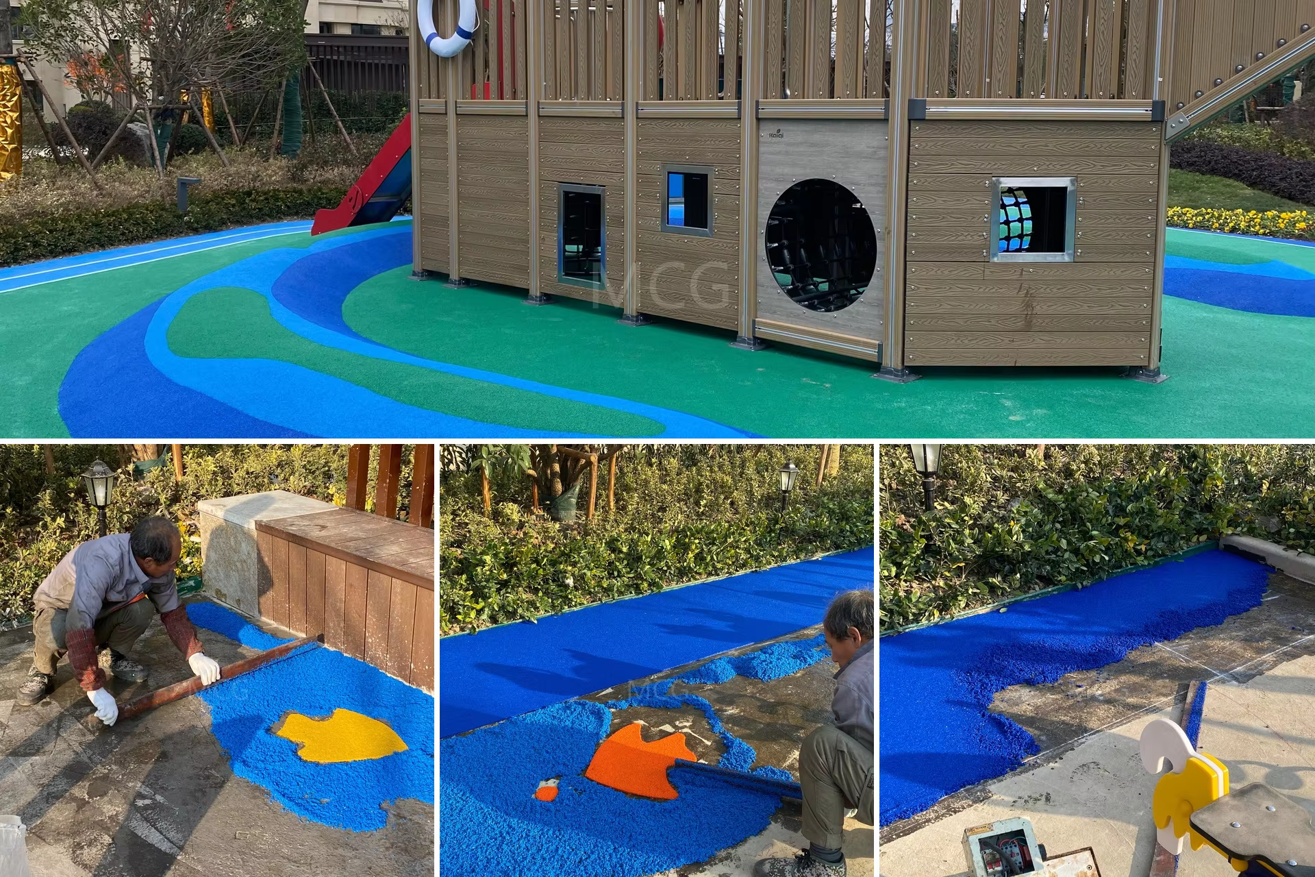 EPDM playground installation site collage — before and after