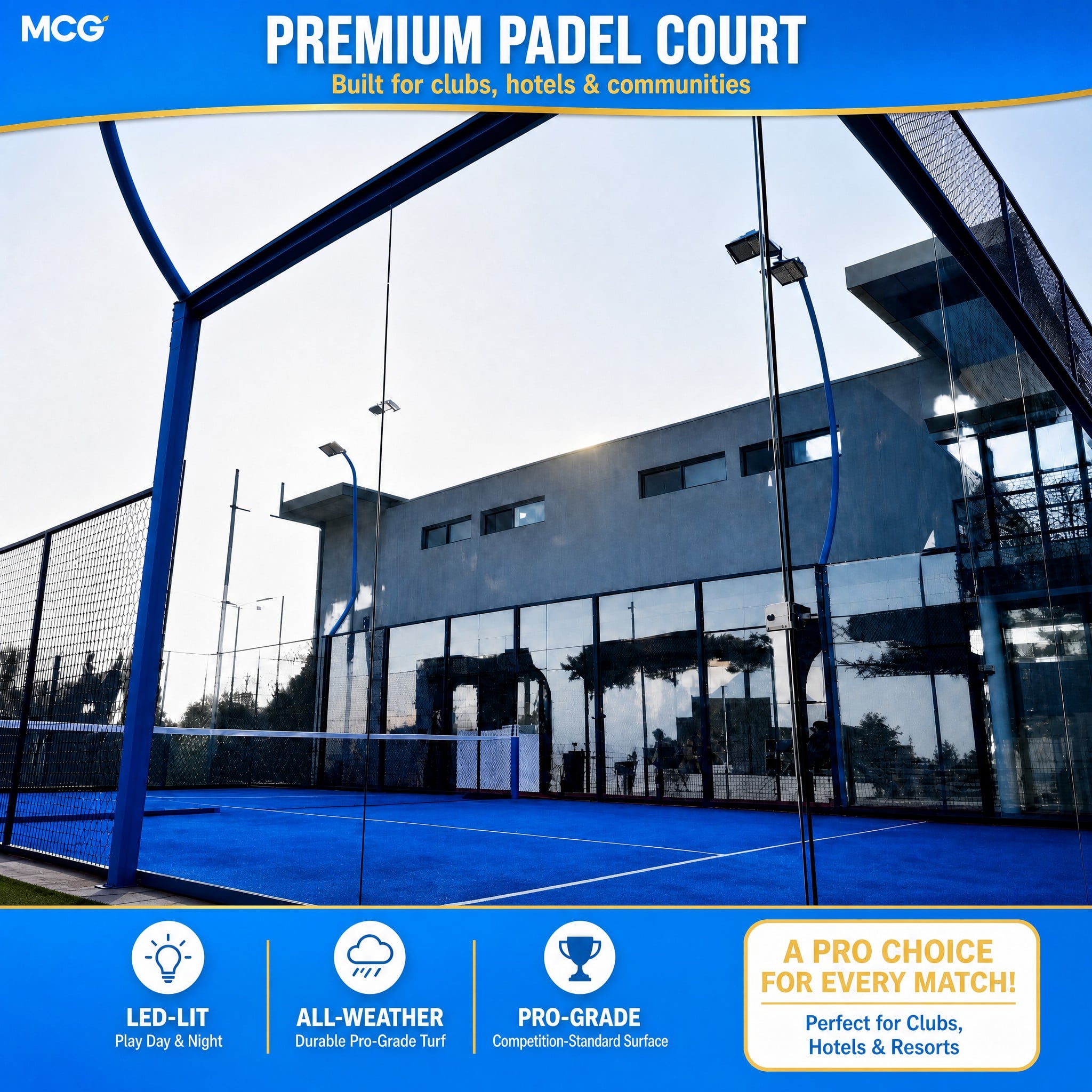 MCG Super Panoramic Outdoor Padel Court — FIP Certified, 12mm Glass, Q235 Galvanized Structure, Fast Assembly