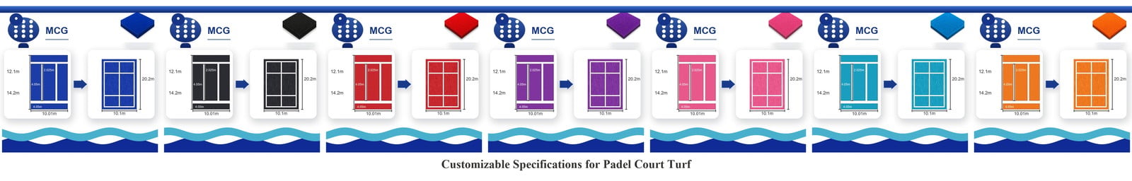 Customisable specifications for padel court turf: seven turf colours with court dimension diagrams