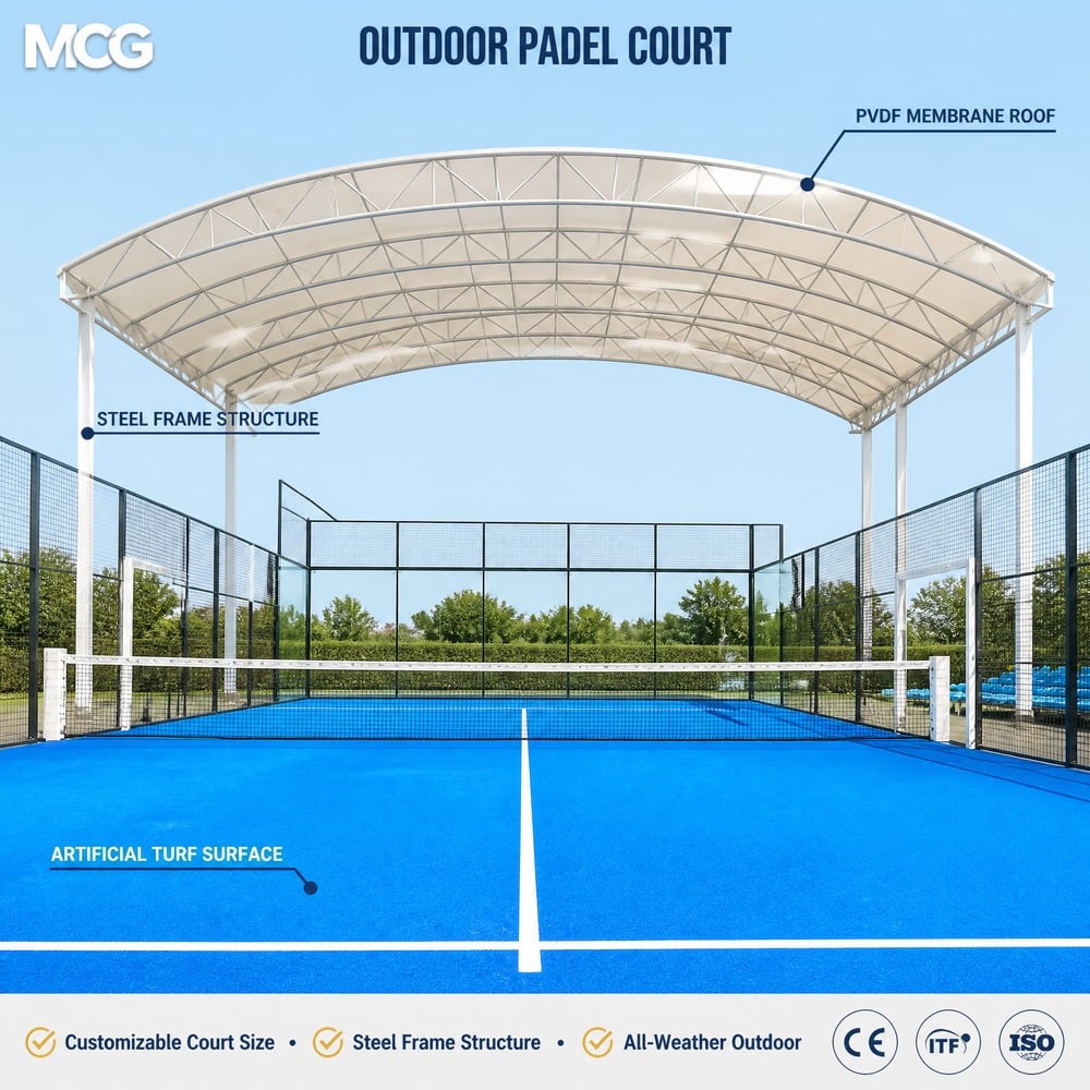 MCG Covered Paddle Tennis Court with Canopy Roof | CE & FIP Certified | Q235 Steel + PVDF Membrane | All-Weather Padel Court