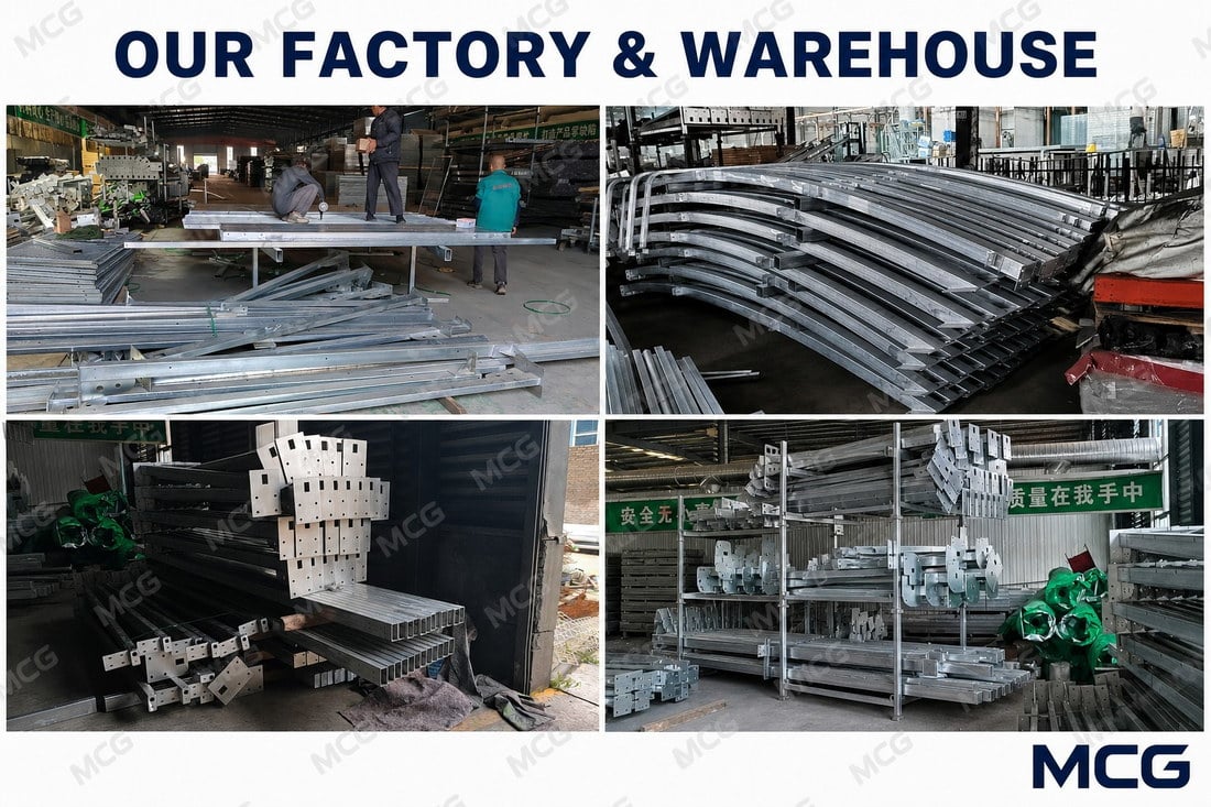 MCG factory and warehouse: steel frame production, formed sections, drilled components and packed parts