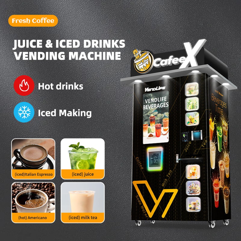 Máquina expendedora inteligente de té de leche, jugo, té burbuja y café caliente y frío con pantalla táctil y fabricante de hielo automático