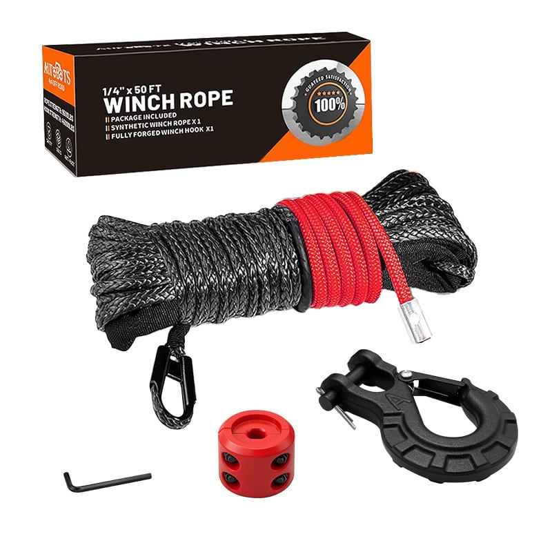 50Ft UHMWPE Synthetic 1/4" Winch Rope with Hook Stopper Off-Road Recovery Kit