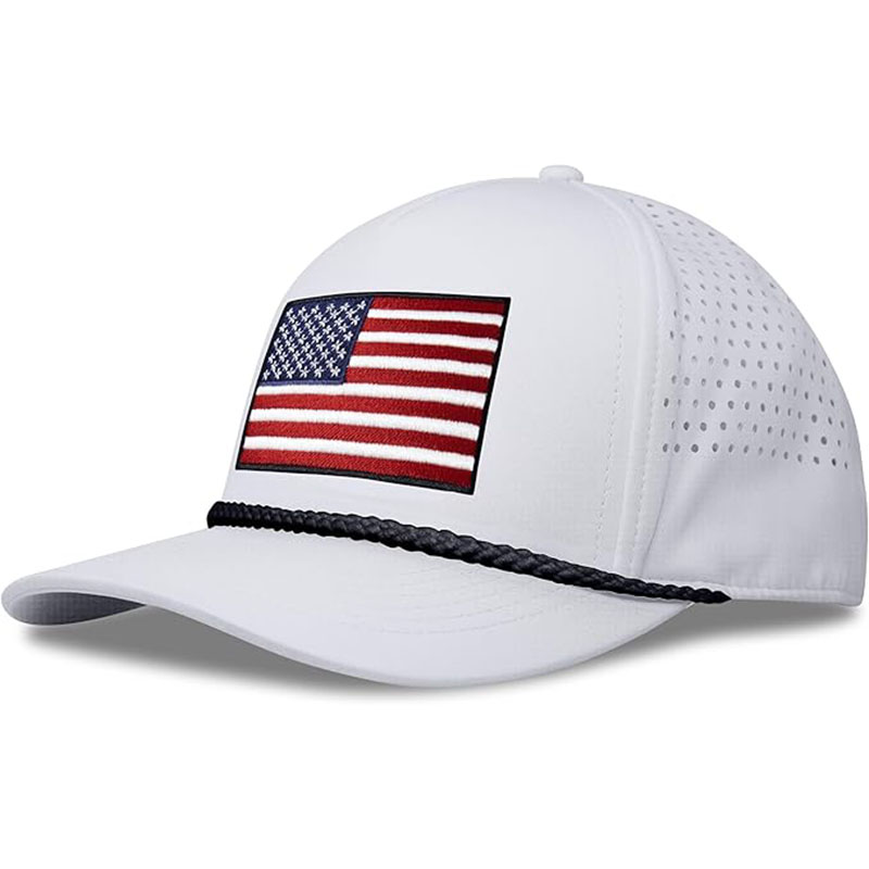 Factory Custom 5 panels rope golf hat embroidery patch  Polyester/Nylon Blend, Waterproof, Laser Cut Holes & Plastic Snapback
