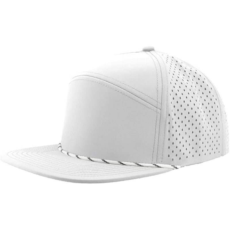 Factory Custom rope golf hat 6 Panel Unisex flat brim Polyester/Nylon Blend, Waterproof, Laser Cut perforated Holes & Plastic Snapback