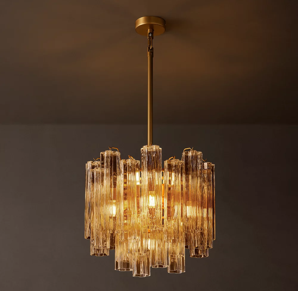 Antique Brass Round Chandelier, Ribbed Amber Cylinder Glass Pendant Light for Dining Room & Living Room