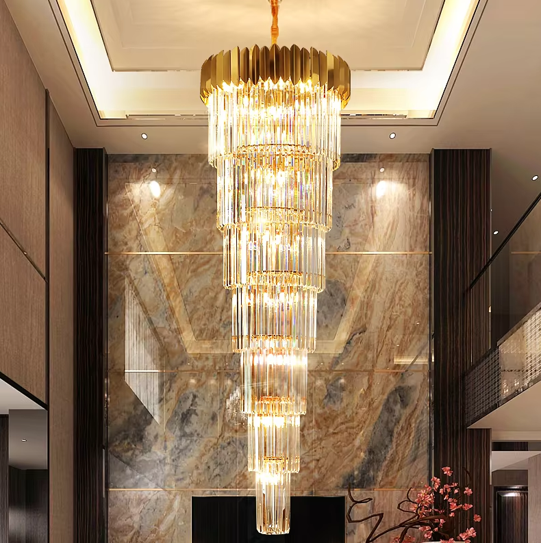 Long Spiral Crystal Drop Pendant Lighting Chandelier Hotel Crystal Stair Gold Chandelier Light supplier