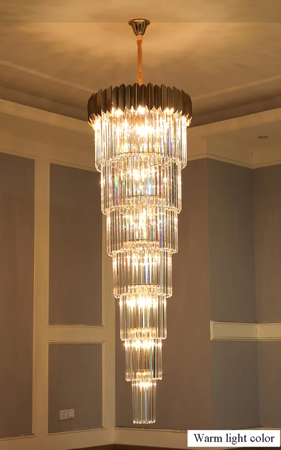 Long Spiral Crystal Drop Pendant Lighting Chandelier Hotel Crystal Stair Gold Chandelier Light details