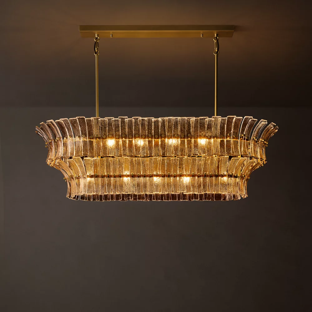 Lustre linear em latão envelhecido, luminária pendente com vidro transparente curvo e texturizado em camadas para sala de jantar e ilha da cozinha