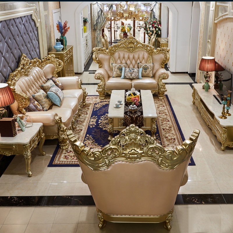 Classic American Leather Sofa Set – Luxury Solid Wood Carved Design for Villa Living Rooms manufacture
