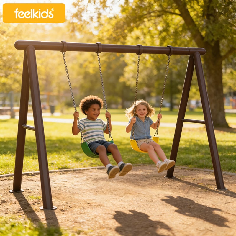 How does outdoor swing design affect safety and motion stability in playground environments