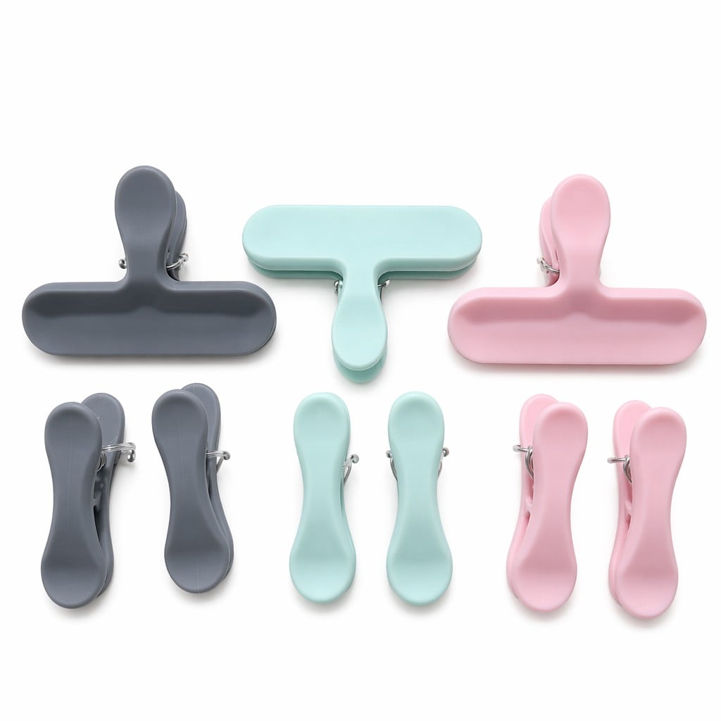 8-Piece Pastel T-Handle Soft Plastic Bag Clips Set – Mixed-Size Spring Sealers with Retail Card for Kitchen Snack Storage and Pantry Organization