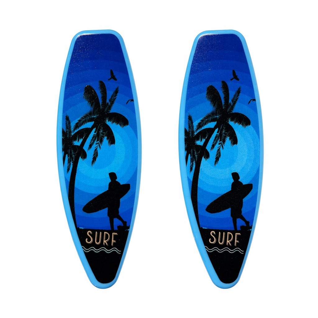 2-Piece Surfboard Plastic Spring Bag Clips – Tropical Island Print Snack Sealers with Retail Card for Kitchen Storage & Summer Coastal Gifts