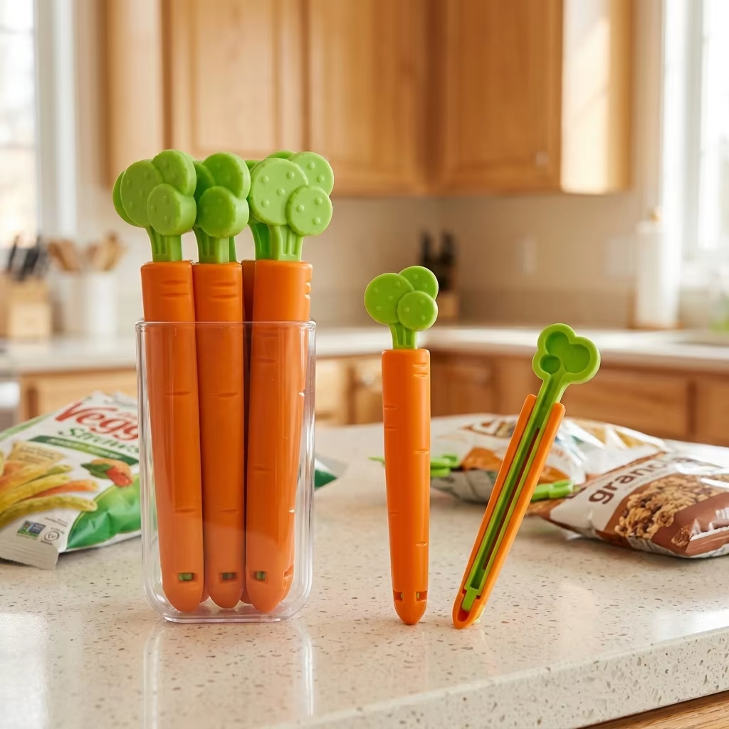 Plastic Carrot-Shaped Bag Clips – 5Pcs Set with Magnets for Kitchen Food Storage