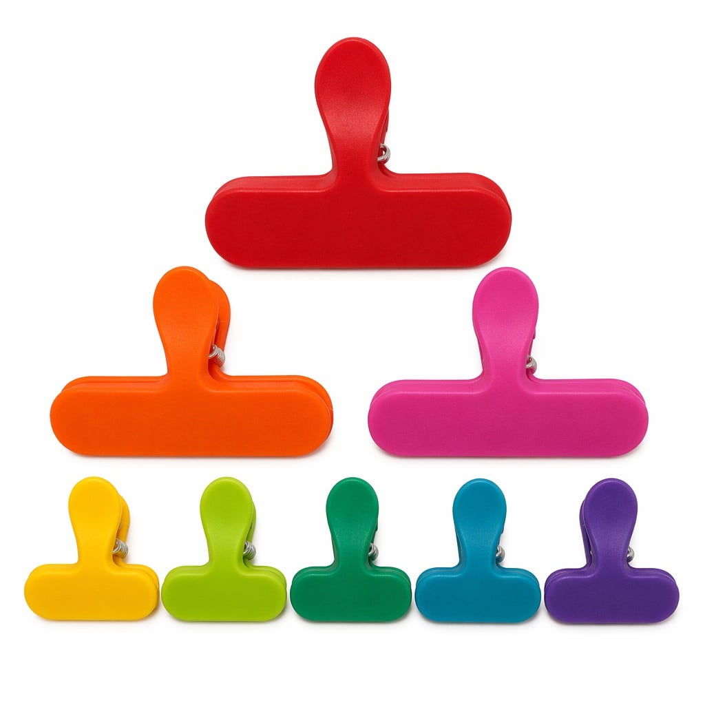 8-Piece Rainbow T-Handle Matte Plastic Spring Bag Clips – Mixed-Size Snack Sealers with Retail Card for Kitchen Storage & Colorful Home Organization