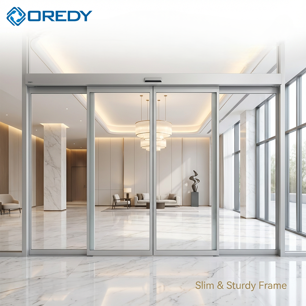 OREDY ES200 自動スライドドア（アルミニウム合金製）、1年保証、ショッピングモール入口・ホテル向け、モダンデザイン・ガラスパネル