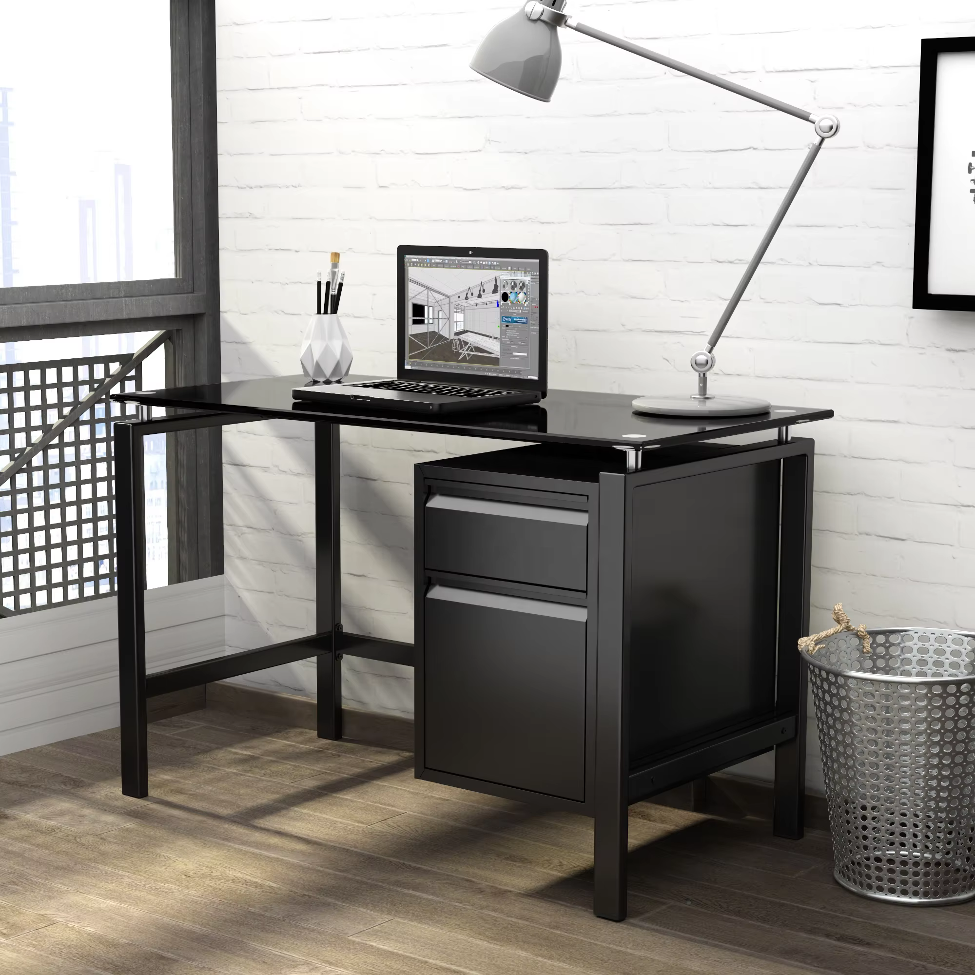 Cheap Modern black color glass top steel metal office desk