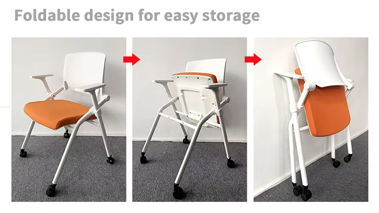 Foldable Meeting Chair Conference Room Chairs Office Training Folding Plastic Chair With Writing Board Table Attached and Wheels