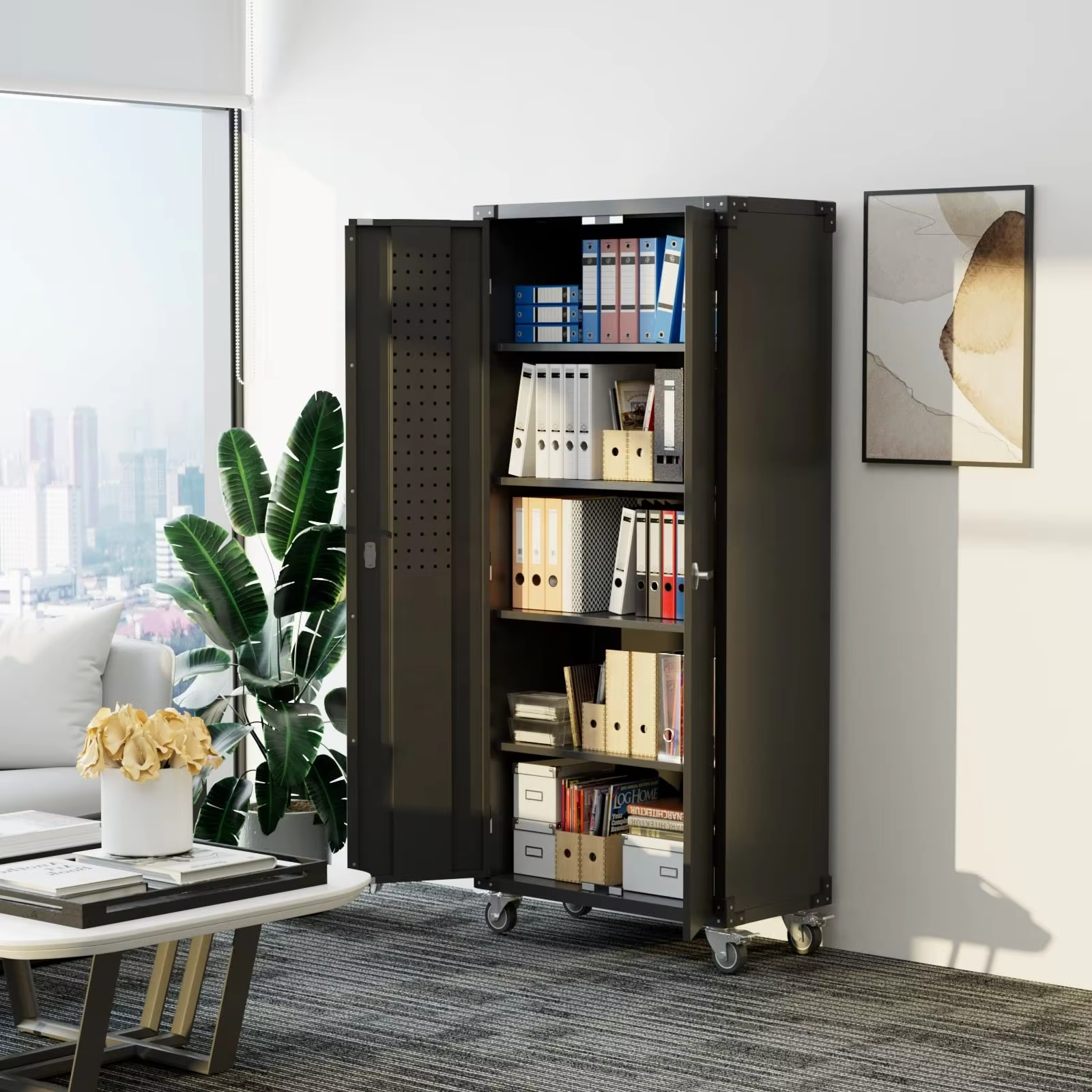 Metal Storage Cabinet with 4pcs Adjustable Shelves Garage Storage Cabinet with Wheels and Pegboard