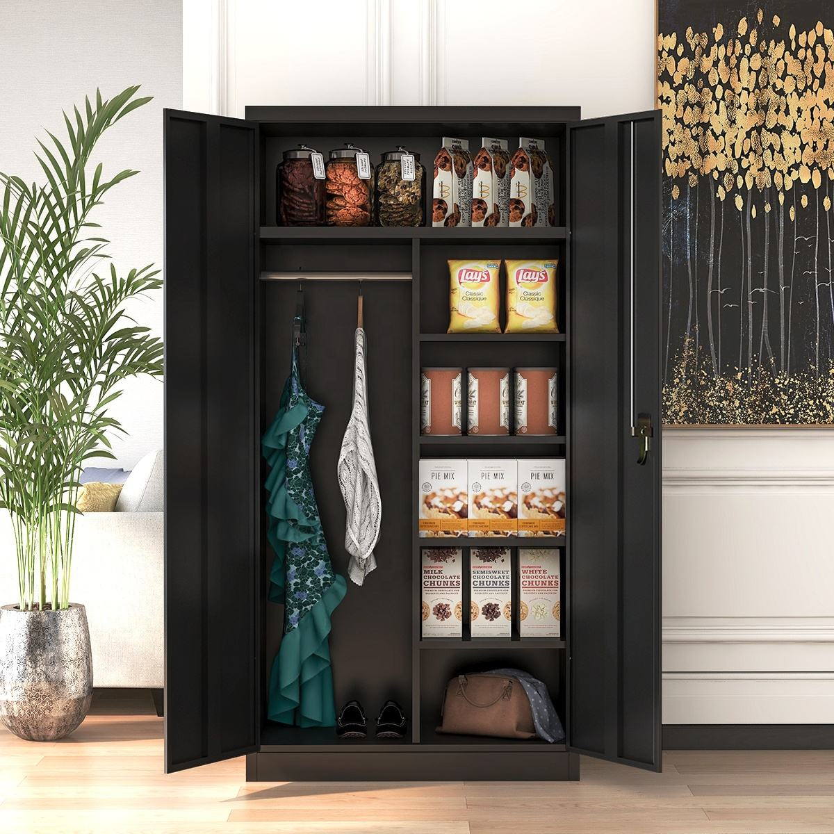 Metal Office Garage Storage Cabinet Steel Cupboard with 2 Doors and Shelves