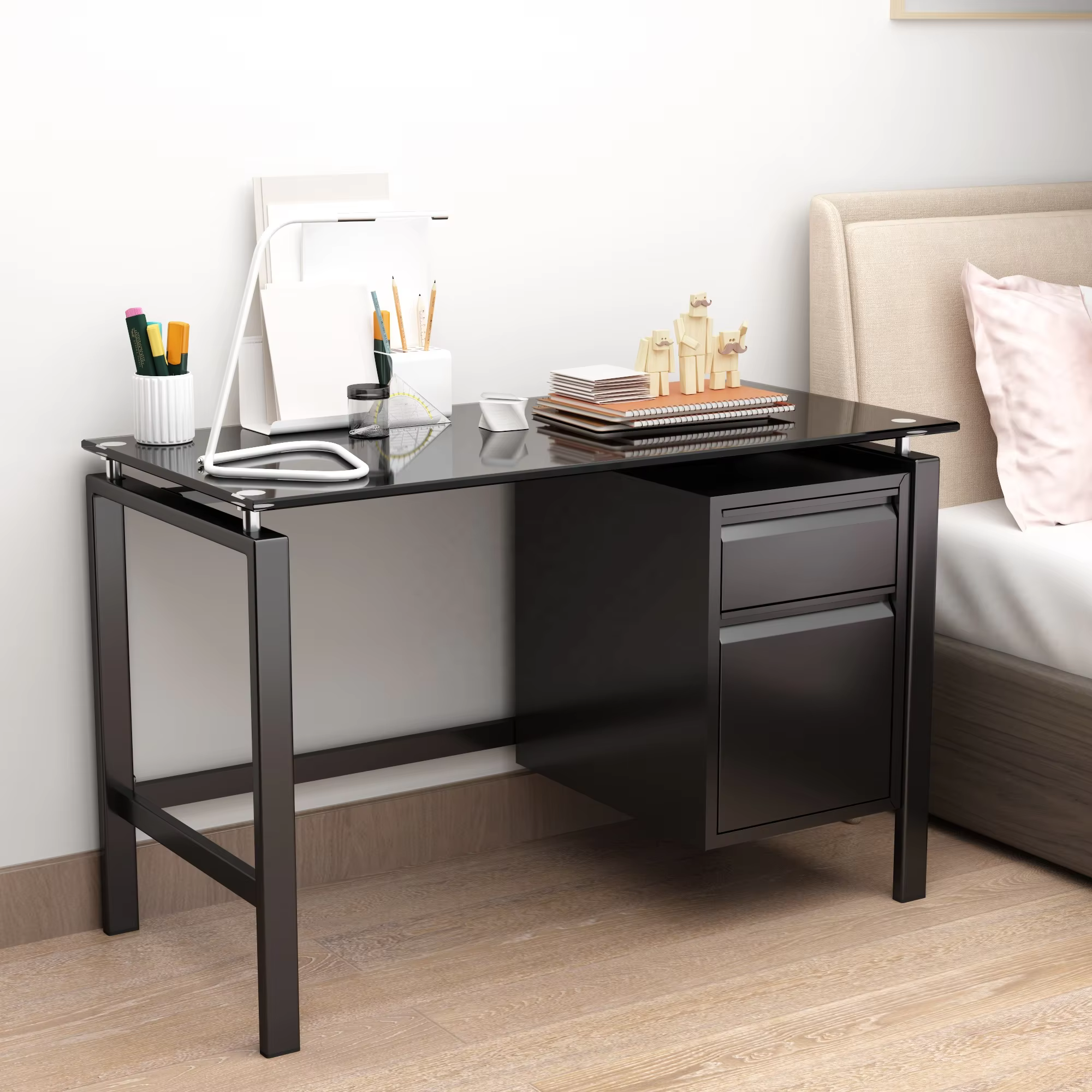 Cheap Modern black color glass top steel metal office desk