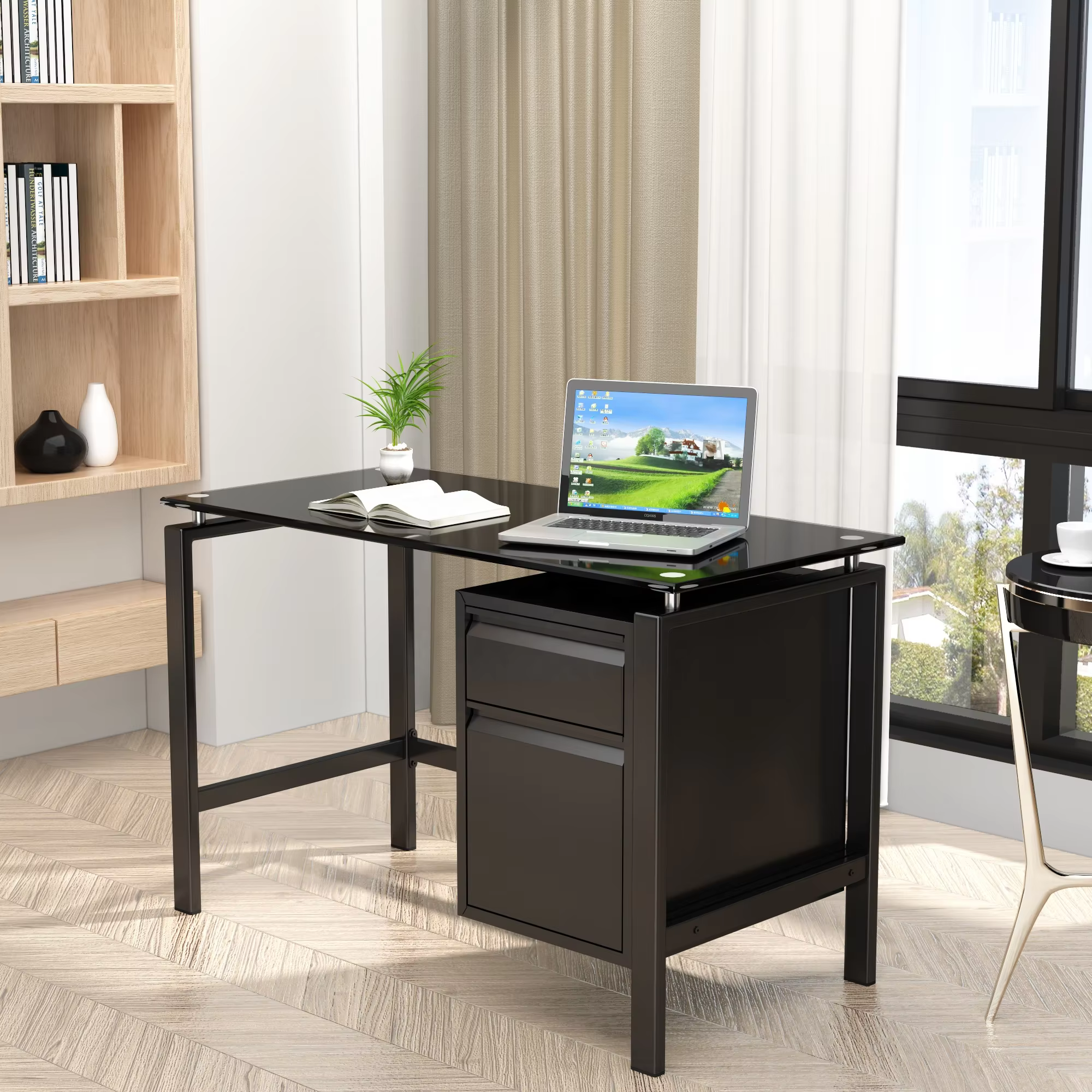 Cheap Modern black color glass top steel metal office desk