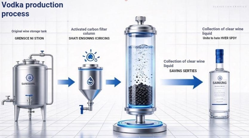 Activated carbon is used in the distillation alcohol filtration process flowchart of vodka.jpg