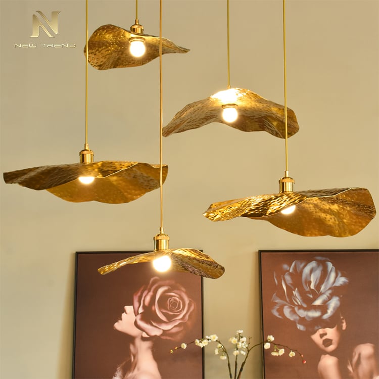 DJS1910 Modern stil living odası yatak odası dekorasyon demir çatı Lotus Yaprağı led Bakır Asma Işık