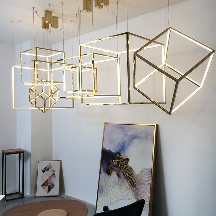 DKX6073 Phong cách hiện đại đèn trang trí trong nhà màu vàng titan thép không gỉ hình lập phương đèn chùm LED