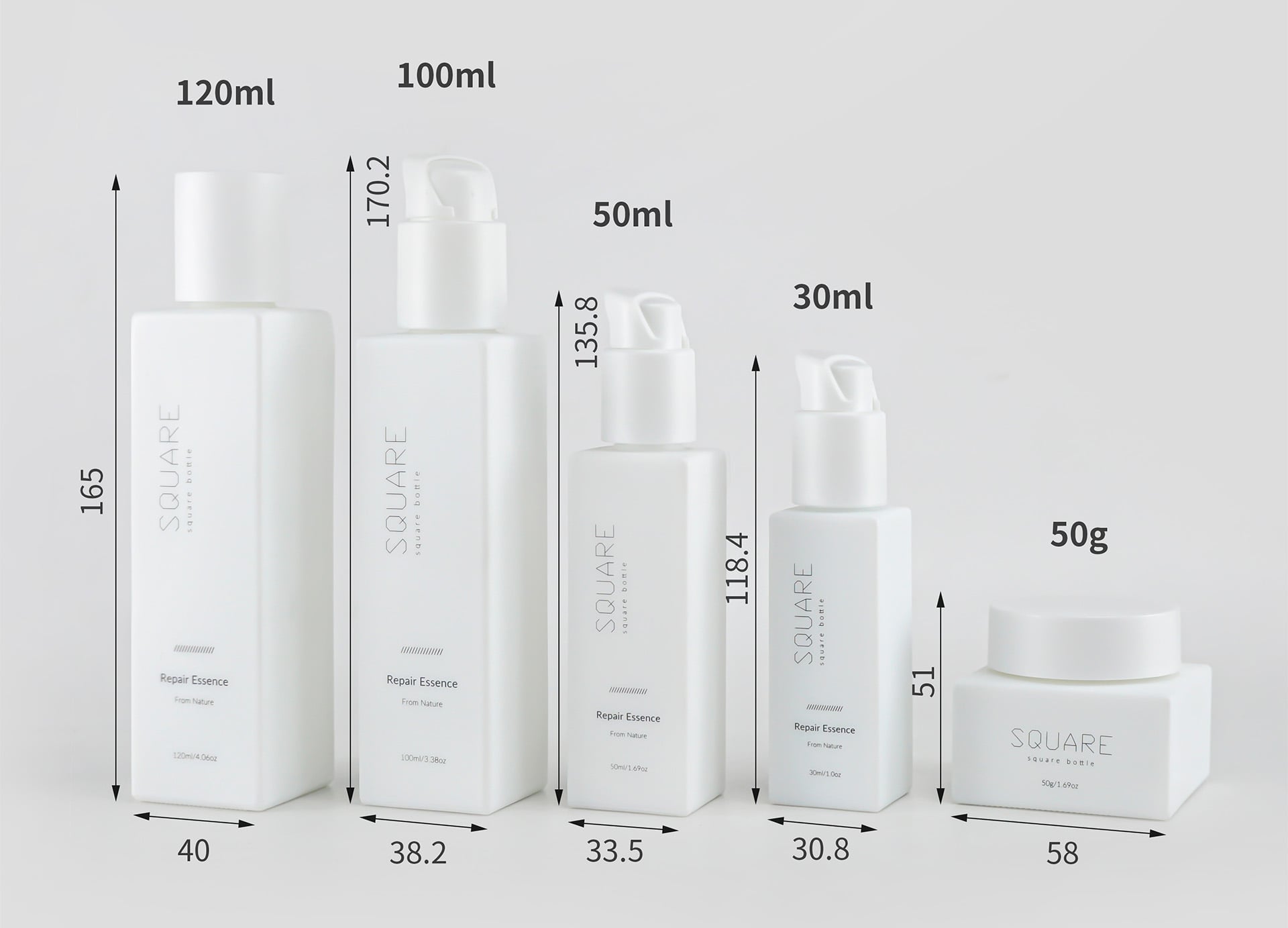 30/50/100/120ml Square Opal Glass Bottle & 100g Jar, With Lotion Pump & Screw Cap supplier