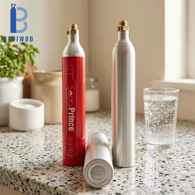 Cilindro nuovo per bevande CO2 da 0,6 L e 450 g, conforme alla norma EN ISO 7866 e contrassegnato con il marchio Pi, destinato al mercato spagnolo