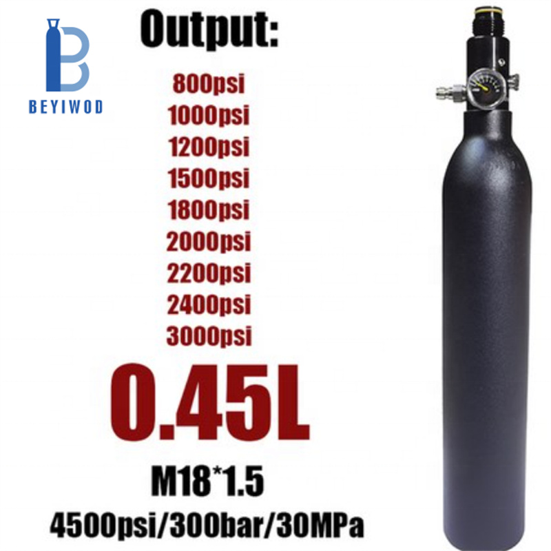 cilindro in alluminio per paintball da 48 ci / 0,45 L, 0,35 L, pressione di esercizio 3000 psi / 200 bar, serbatoio HPA con valvola regolatrice e filettatura 5/8-18 UNF