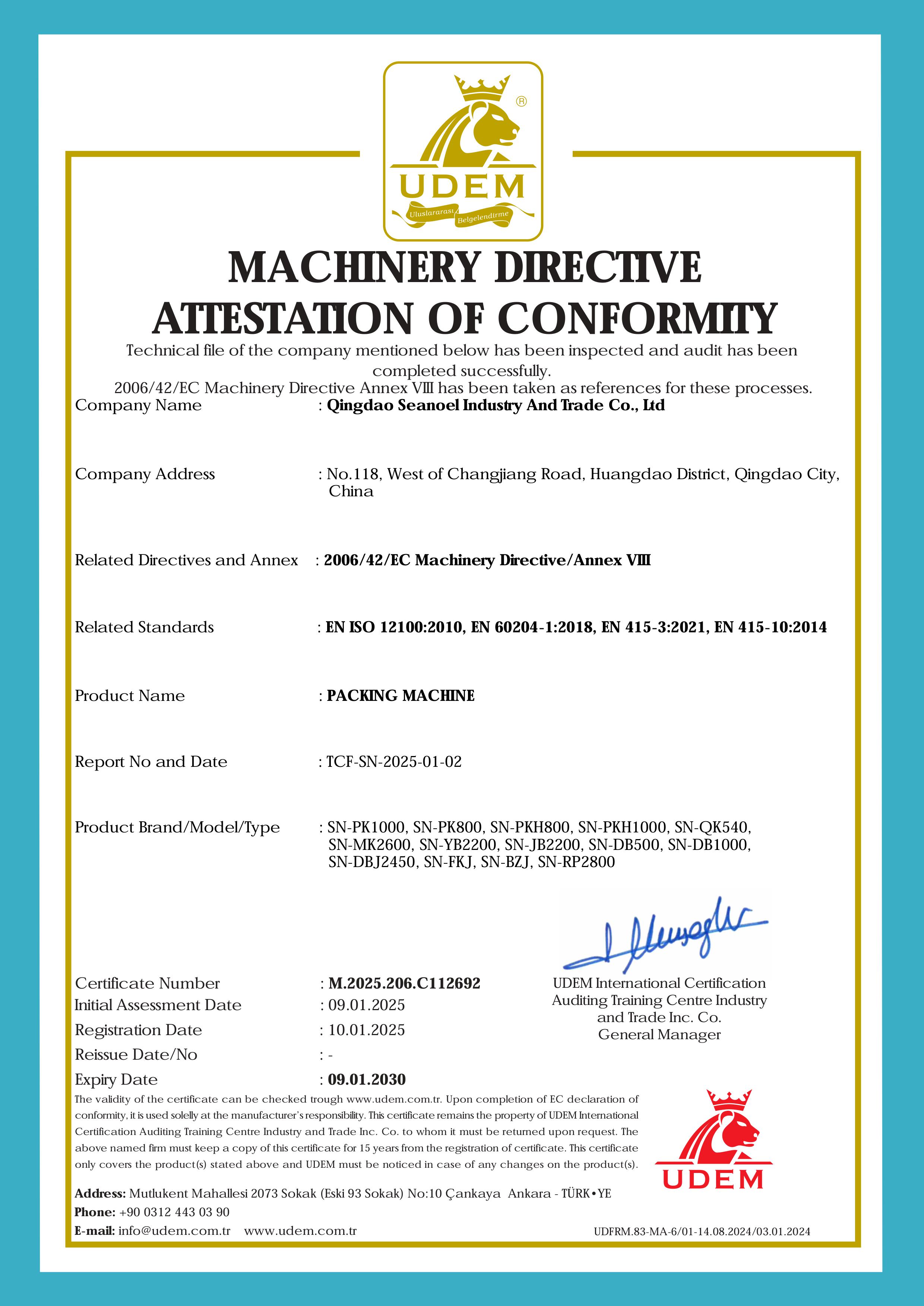 MACHINERY DIRECTIVE ATTESTATION OF CONFORMITY