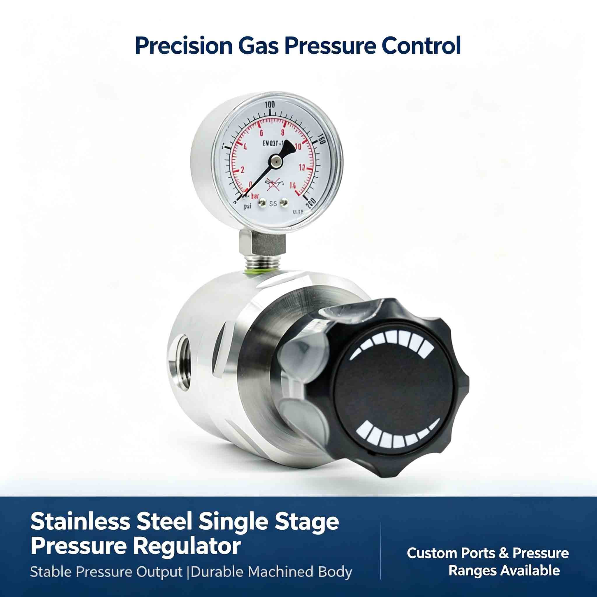 Stainless Steel Single Stage Gas Pressure Regulator, Pressure Reducing Valve with Pressure Gauge for Industrial & Laboratory Gas
