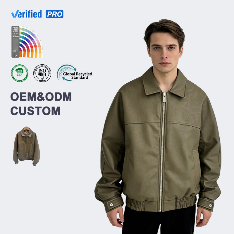 Giubbotto bomber in pelle per uomo oversize color verde militare con fondo elastico