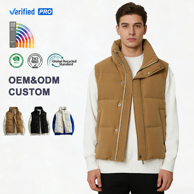 Gilet imbottito da uomo con collo rigido e doppia chiusura, personalizzabile con logo OEM