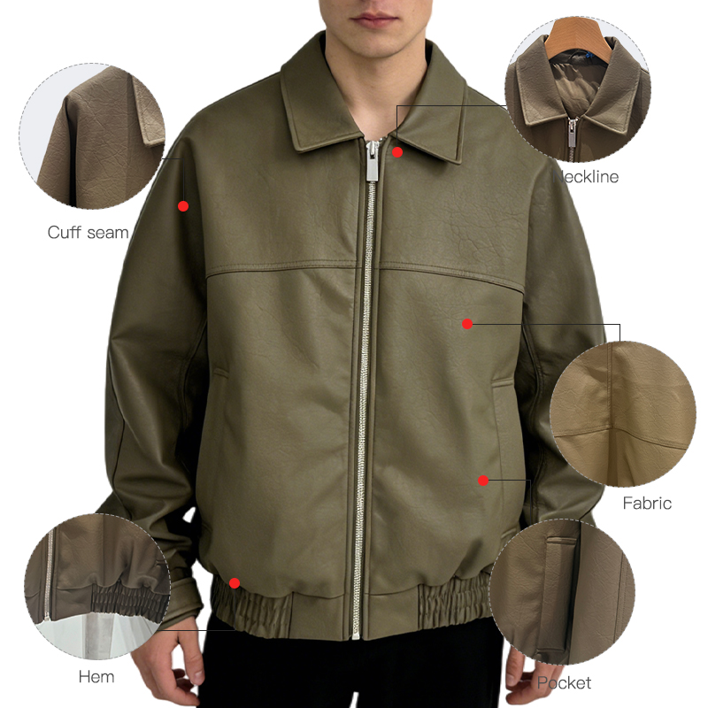 Army Green Elastic Bottom Oversized men's Leather Bomber Jacket details