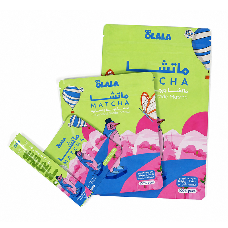 Lot d’emballages pour matcha – sachet debout, sachet plat et sachet à scellage arrière, design personnalisé de la série de marques