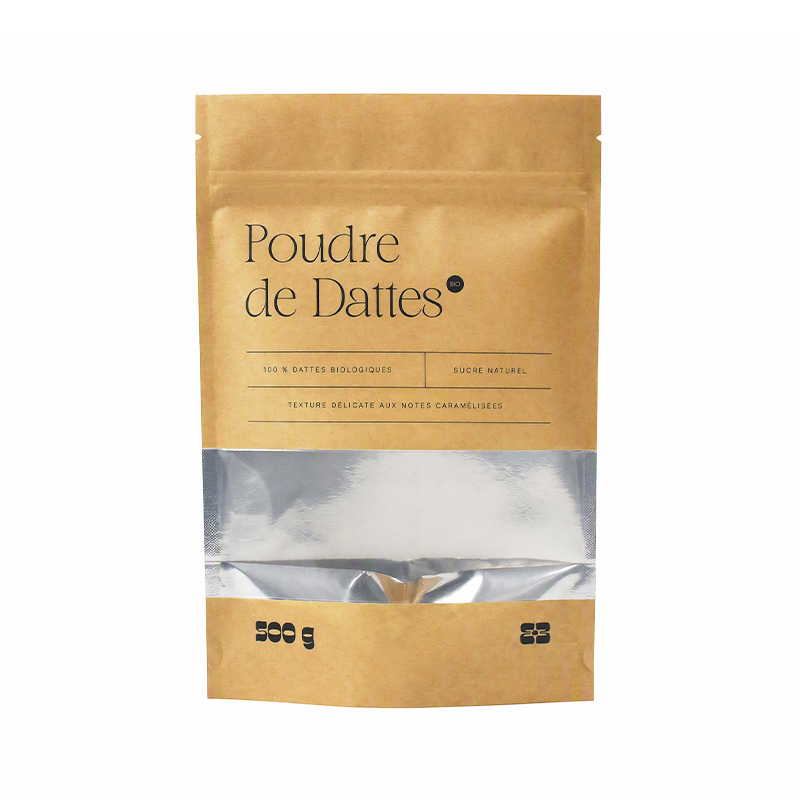 Sachet en papier kraft recyclable – Emballage de poudre de dattes, 16 × 23 cm, avec fenêtre et barrière intérieure métallisée