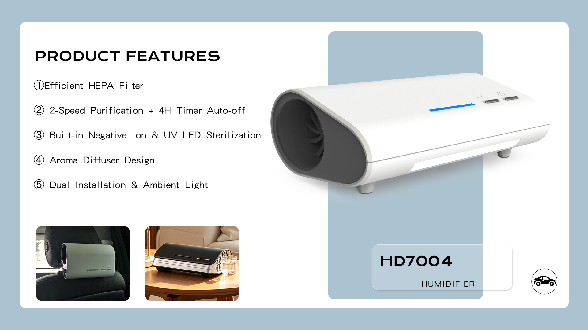 Portable Car Air Purifier with UV LED Sterilization, Negative Ion, HEPA Filter, Aroma Diffuser, 4H Timer, 2 Speed Modes for Vehicle & Desktop7.png