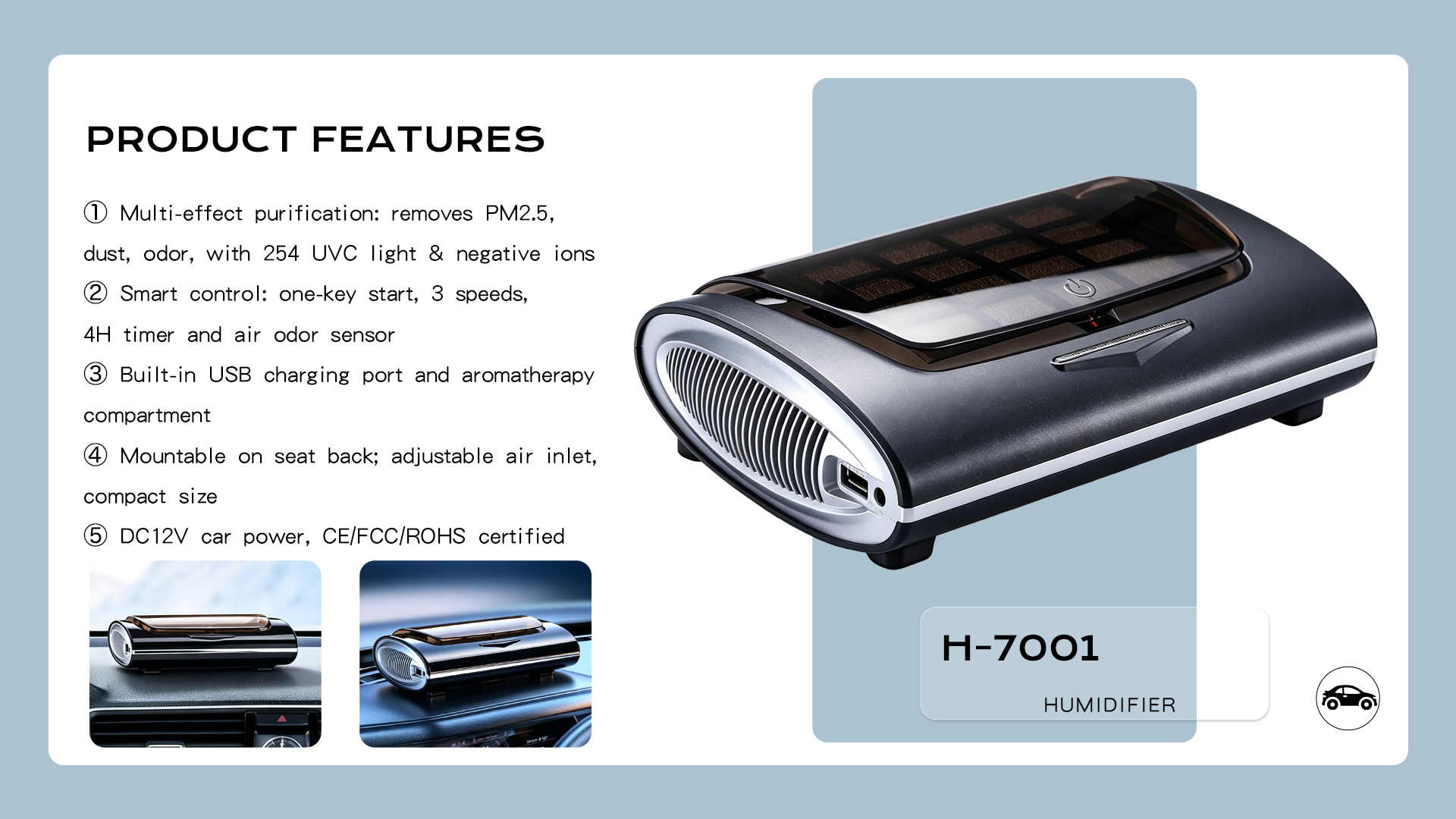 Car Air Purifier DC12V with 254 UVC Sterilization, Negative Ion, Aromatherapy & USB Charging for Vehicle8.png
