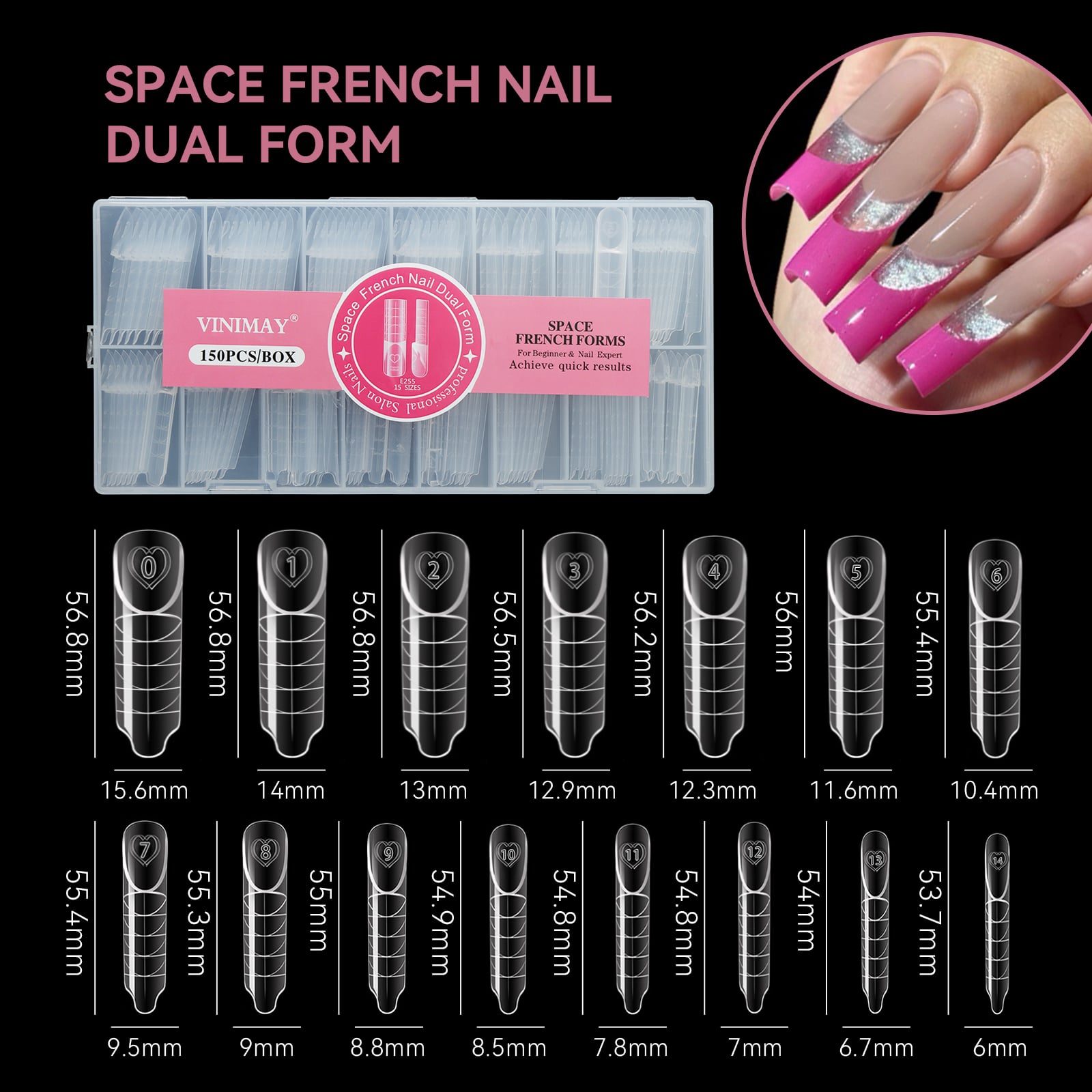 Vinimay Space French Dual Nail Forms – 15 velikostí, akrylové formy pro francouzský nail art a prodloužení nehtů