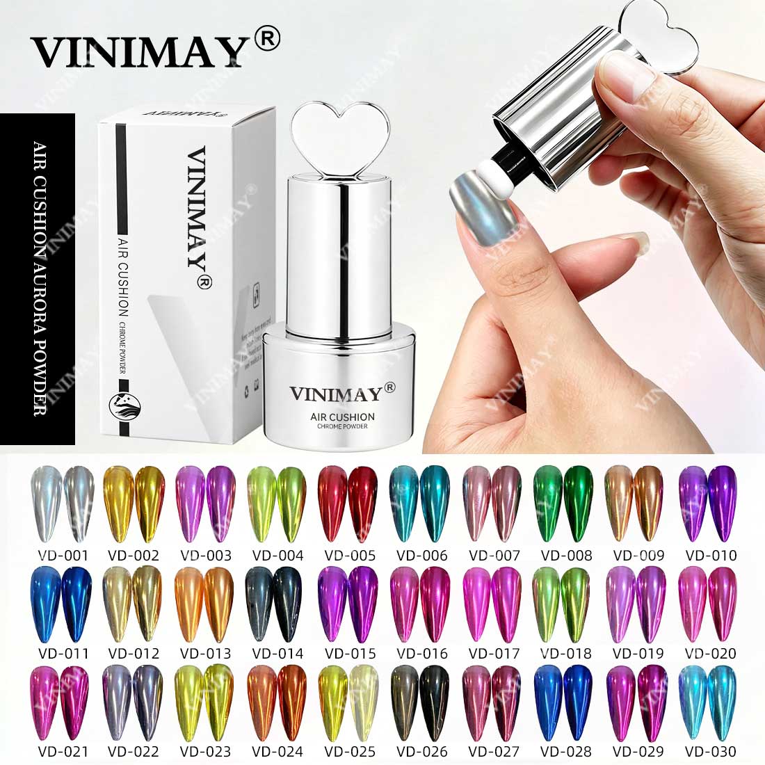 Vinimay New Concept Air Cushion Aurora Chrome Powder 8 Styles Custom Private Labels Nail Magic Mirror Powder for Nail Art Design